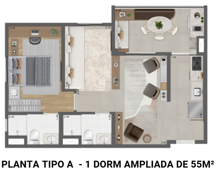 Planta Tipo A - 1 Dorm Ampliada de 55m².png